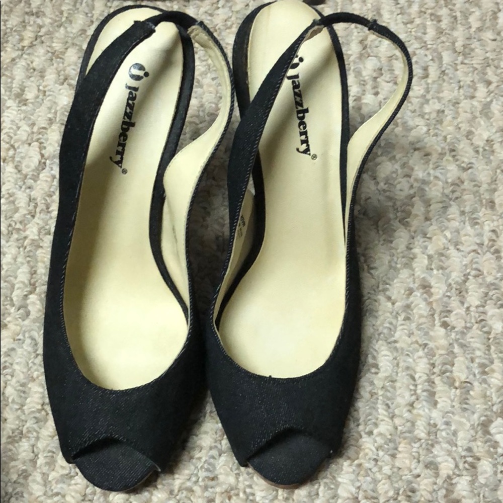 Denim peep toe heels